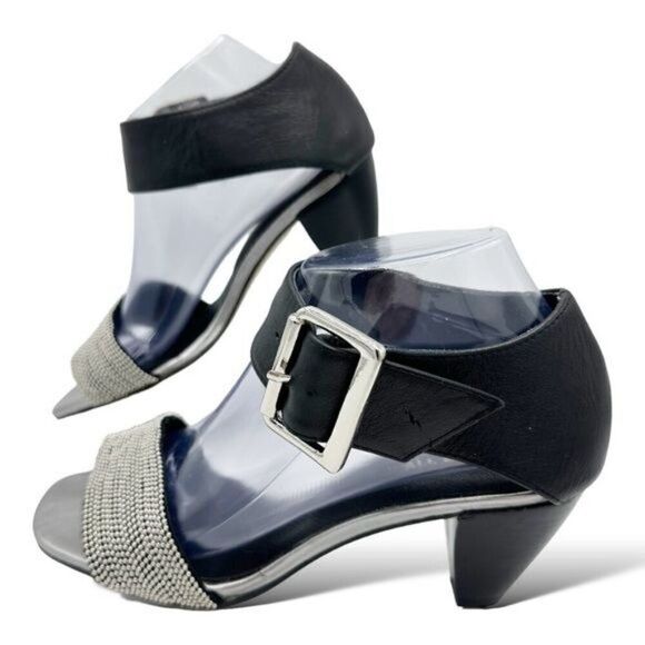 All Black Brand Women’s Black Leather Chunky Ankle Strap Sandal Slvr Micro Studs - Picture 1 of 11
